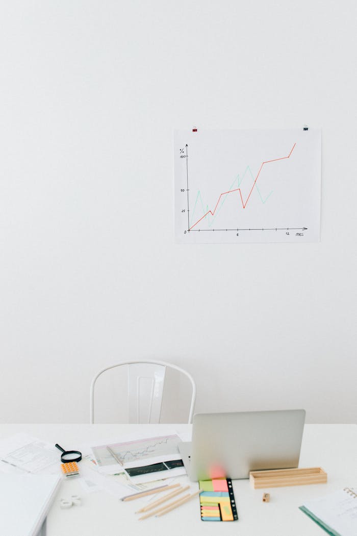 Clean desk setup with chart, laptop, and office supplies for analysis.